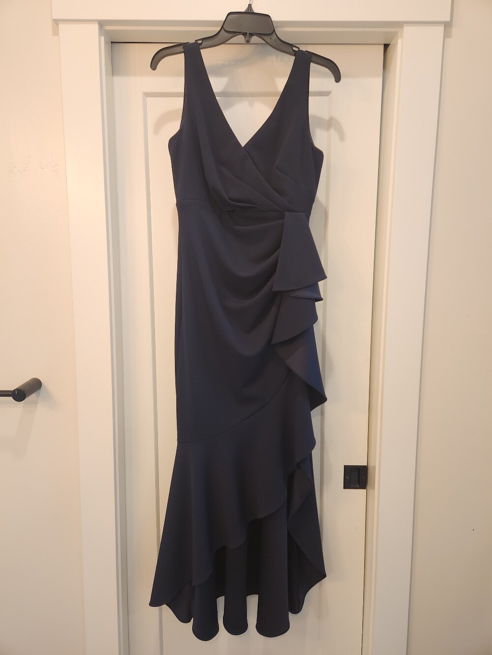 Betsy & Adam Navy Sleeveless High-Low Ruffle Dress